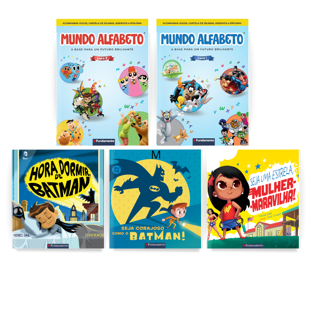 Kit Mundo Alfabeto - 2 Livros de Alfabetização + 2 Livros do Batman + 1 Livro da Mulher - Maravilha - Editora Fundamento